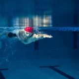 One male swimmer practicing and training at pool, indoors. Underwater view of swimming movements