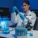 Female scientist wearing lab coat and gloves holding test tube examining blue chemical liquid working in modern laboratory at night with microscope, test tubes, beakers, and computer in background