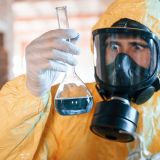 Frightened scientist is with radioactive materials. Man dressed in chemical protection suit in the ruins of the post apocalyptic building.