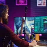 Music producer operating with electronic setup of home studio, recording acoustic guitar sounds. Artist navigating signal processing activity, utilizing digital audio workstation at desk. Camera A.