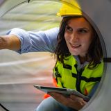 Portrait of a heavy equipment female engineer from a huge industry who came to inspect the metal sheet factory's machinery.