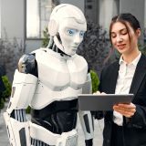 Young man and woman business partners in suits with a tablet standing together with a robot and discussing work against the background of a building. The future with artificial intelligence.