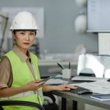 Portrait of Asian woman wearing hardhat at workplace in office and looking at camera with serious face expression, copy space