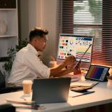 Focused graphic designer working on color palettes and digital layouts in a modern office.