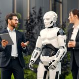 Young man and woman business partners in suits with a tablet standing together with a robot and discussing work against the background of a building. The future with artificial intelligence.