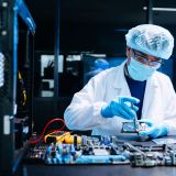 Professional electronics technician repairing computer motherboard in modern lab. Hardware engineering, cybersecurity, data technology, server maintenance and innovation.